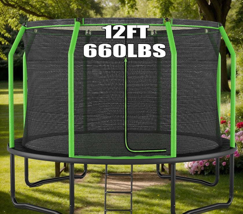 Trampoline with Net Enclosure, 660LBS-12FT Outdoor Heavy Duty Trampoline with Ladder for Kids Adults Family