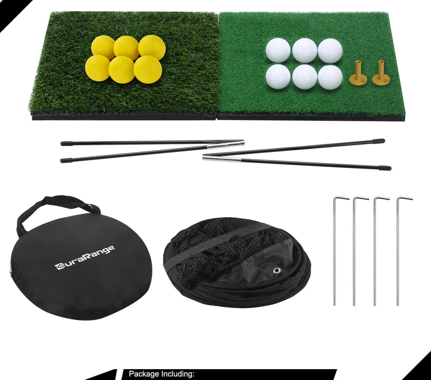 Pop-Up Golf Chipping Net with Dual Turf Hitting Mat, 6 Driving Range Golf Balls, 6 Practice Foam Balls and Tees Combo, Target Swing Training Aids Backyard | Indoor | Outdoor