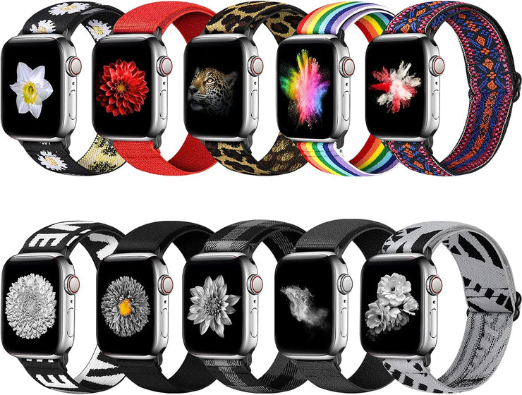 10 PACK Watch Band Compatible with Apple Watch 38Mm 40Mm 41Mm 42Mm 44Mm 45Mm 46Mm 49Mm, Elastic Adjustable Length, Stretch Nylon Sports Watch Strap, Compatible with Iwatch Series Ultra 2 SE/10/9/8/7/6/5/4/3/2/1 for Men Women