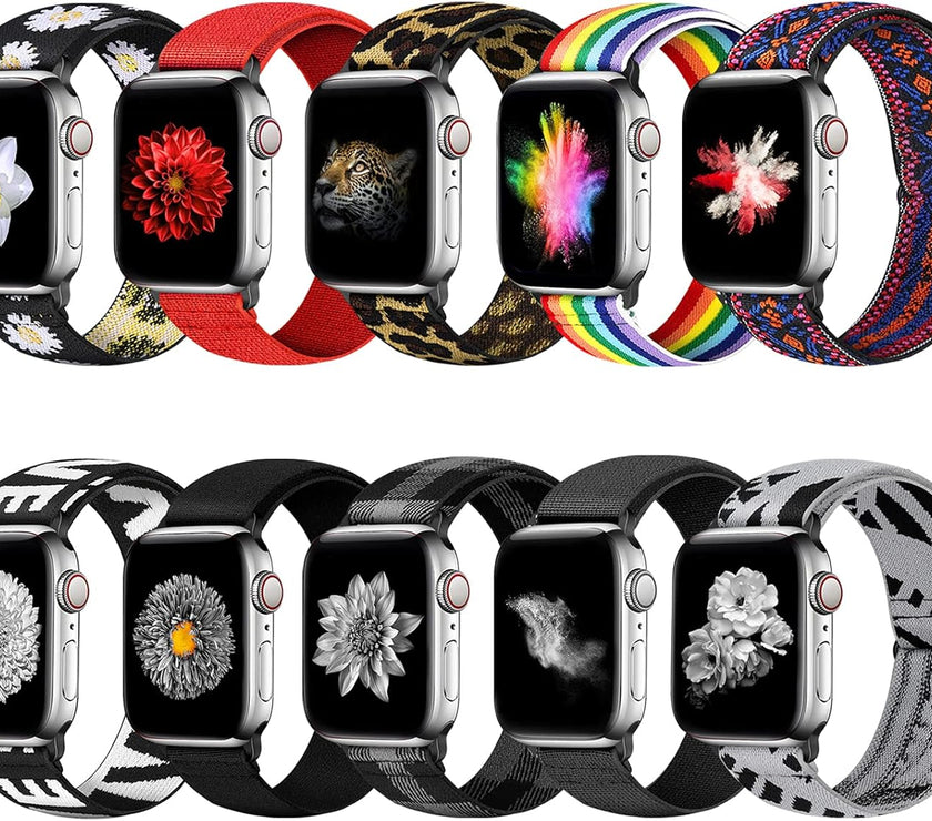 10 PACK Watch Band Compatible with Apple Watch 38Mm 40Mm 41Mm 42Mm 44Mm 45Mm 46Mm 49Mm, Elastic Adjustable Length, Stretch Nylon Sports Watch Strap, Compatible with Iwatch Series Ultra 2 SE/10/9/8/7/6/5/4/3/2/1 for Men Women