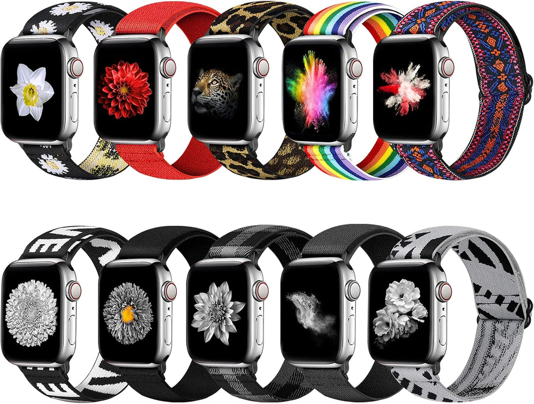 10 PACK Watch Band Compatible with Apple Watch 38Mm 40Mm 41Mm 42Mm 44Mm 45Mm 46Mm 49Mm, Elastic Adjustable Length, Stretch Nylon Sports Watch Strap, Compatible with Iwatch Series Ultra 2 SE/10/9/8/7/6/5/4/3/2/1 for Men Women