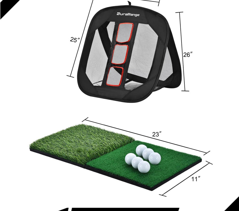 Pop-Up Golf Chipping Net with Dual Turf Hitting Mat, 6 Driving Range Golf Balls, 6 Practice Foam Balls and Tees Combo, Target Swing Training Aids Backyard | Indoor | Outdoor