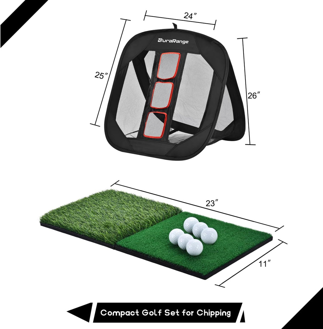 Pop-Up Golf Chipping Net with Dual Turf Hitting Mat, 6 Driving Range Golf Balls, 6 Practice Foam Balls and Tees Combo, Target Swing Training Aids Backyard | Indoor | Outdoor