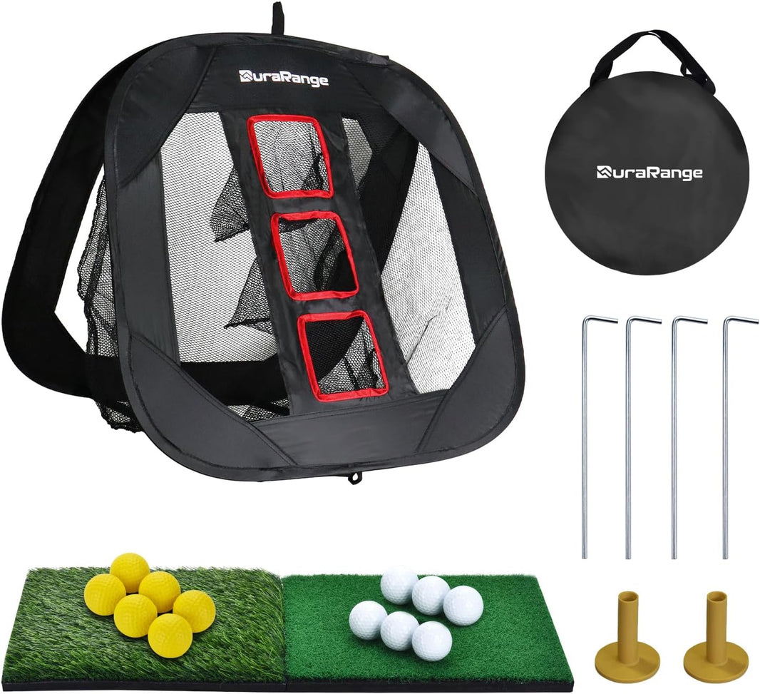 Pop-Up Golf Chipping Net with Dual Turf Hitting Mat, 6 Driving Range Golf Balls, 6 Practice Foam Balls and Tees Combo, Target Swing Training Aids Backyard | Indoor | Outdoor