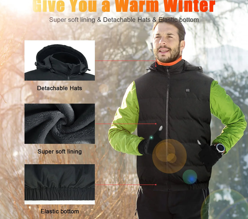 Heated Vest for Mens and Womens with 10000Mah Battery Pack, Detachable Heated Hood Heating Clothing, 3 Temperature Levels Electrically Heated Jacket, Szie XL