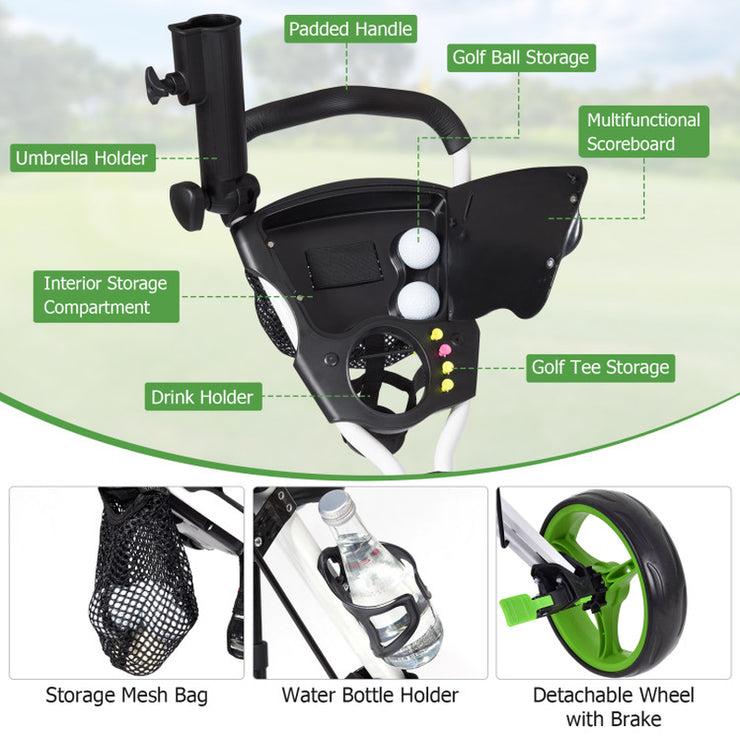 3 Wheel Folding Push Pull Golf Trolley with Scoreboard Bag