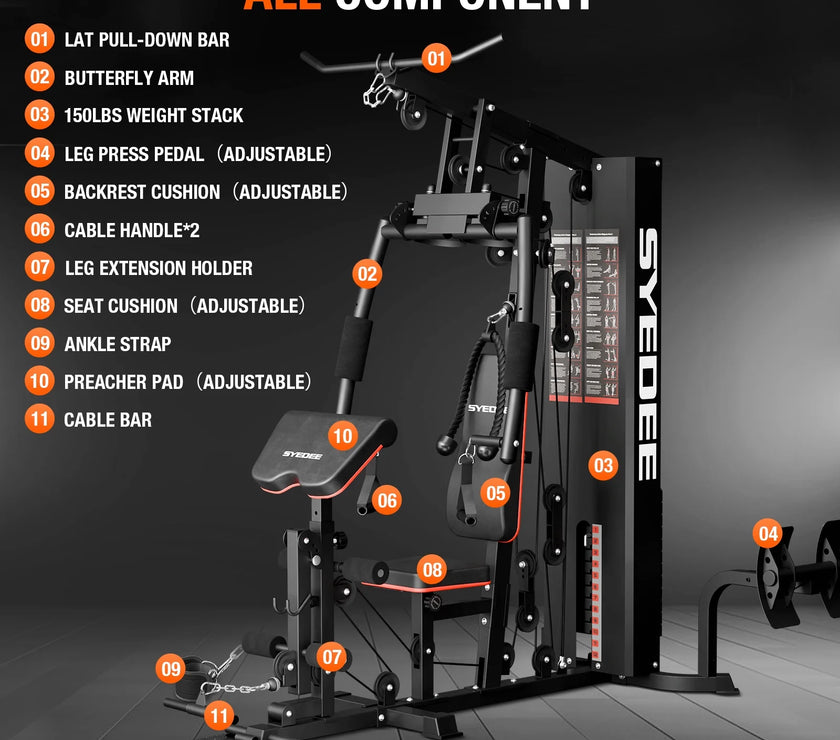 Home Gym Station, Workout Station with 150LBS Weight Stack, Home Gym Equipment for All Body Training.