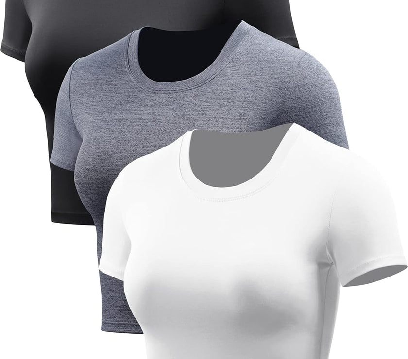 Women'S Dry Fit Crop Top Yoga Short Sleeve Shirts Crew Neck Athletic Running Tee 3 Pieces