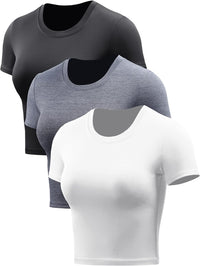 Women'S Dry Fit Crop Top Yoga Short Sleeve Shirts Crew Neck Athletic Running Tee 3 Pieces