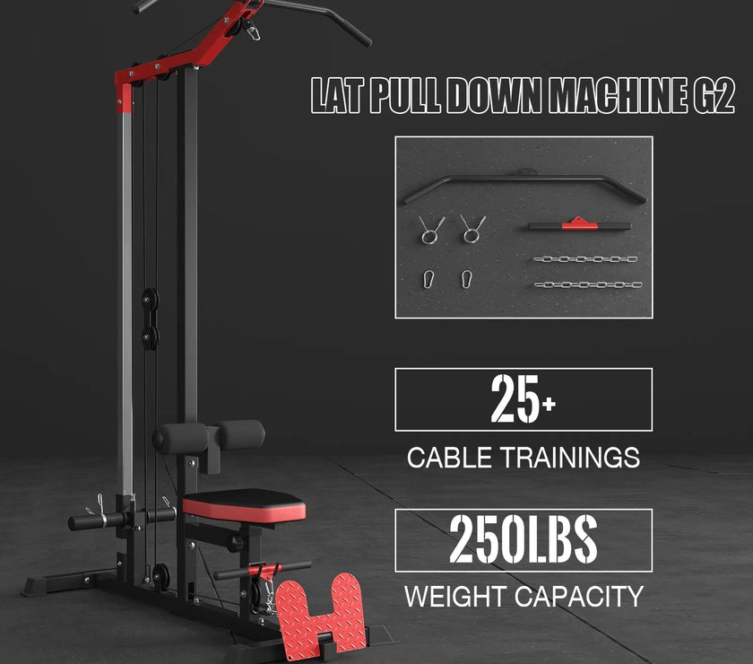 LAT Pull-Down and LAT Row Cable Machine with Flip-Up Footplate and Plates Storage Posts