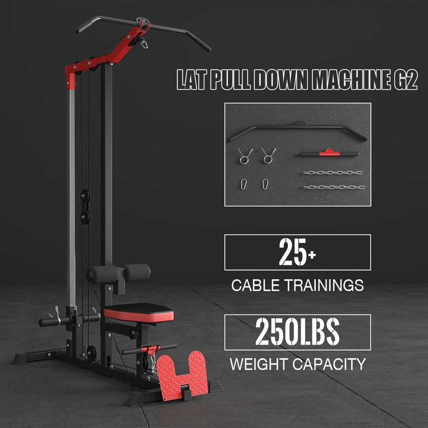 LAT Pull-Down and LAT Row Cable Machine with Flip-Up Footplate and Plates Storage Posts