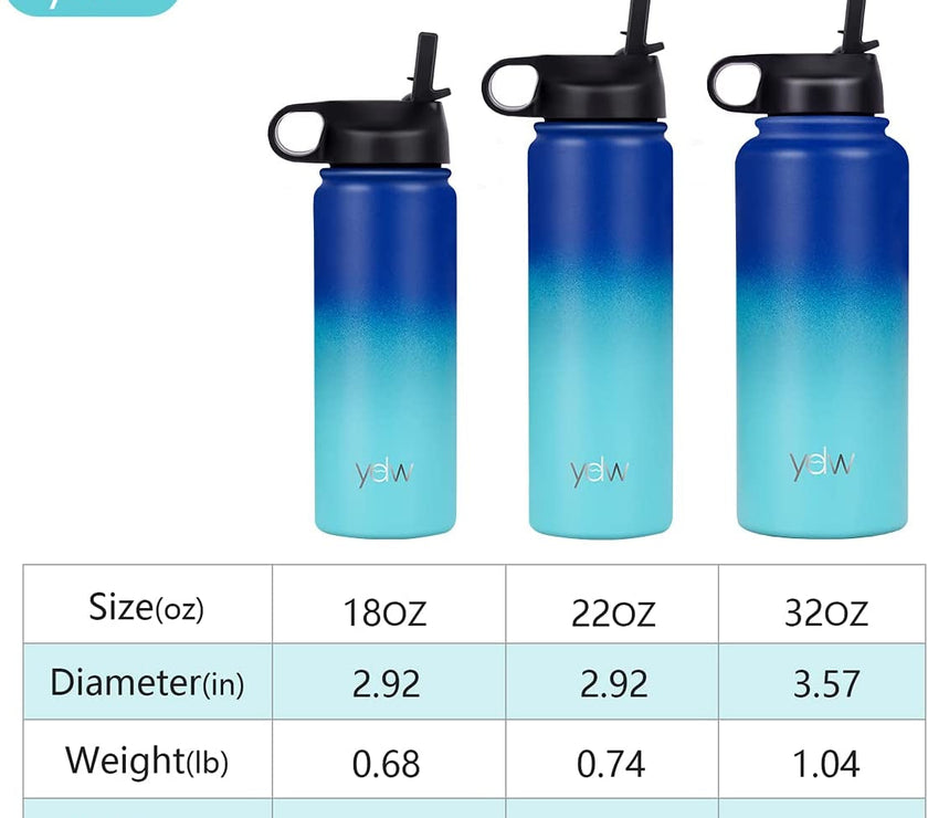 Stainless Steel Double Wall Water Bottle, Sweat-Proof Vacuum Insulated Bottle with Straw Lid (18Oz, 22Oz, 32Oz), BPA Free to Keep Beverages Cold for 24 Hrs or Hot for 12 Hrs