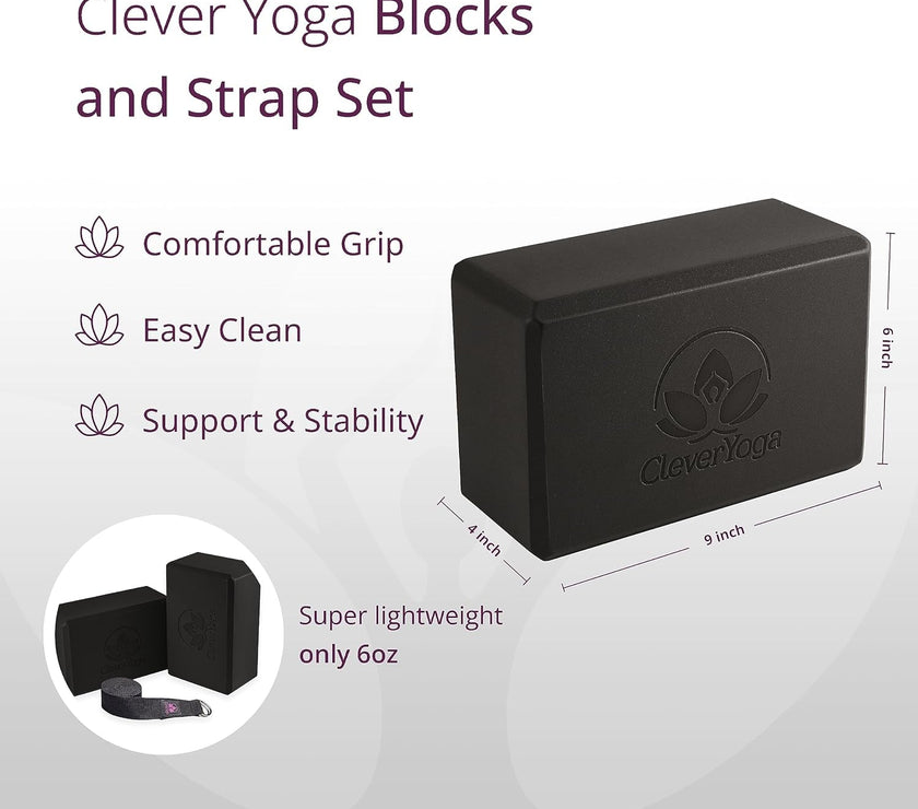 Blocks 2 Pack with Strap - Extra Light Weight Sweat Repelling Foam Yoga Block Set with Cotton 8Ft Yoga Stretch Strap - Yoga Block and Strap Set Kit for Beginner to Pro - Exercise Accessories for Stretching, Balance and Strength