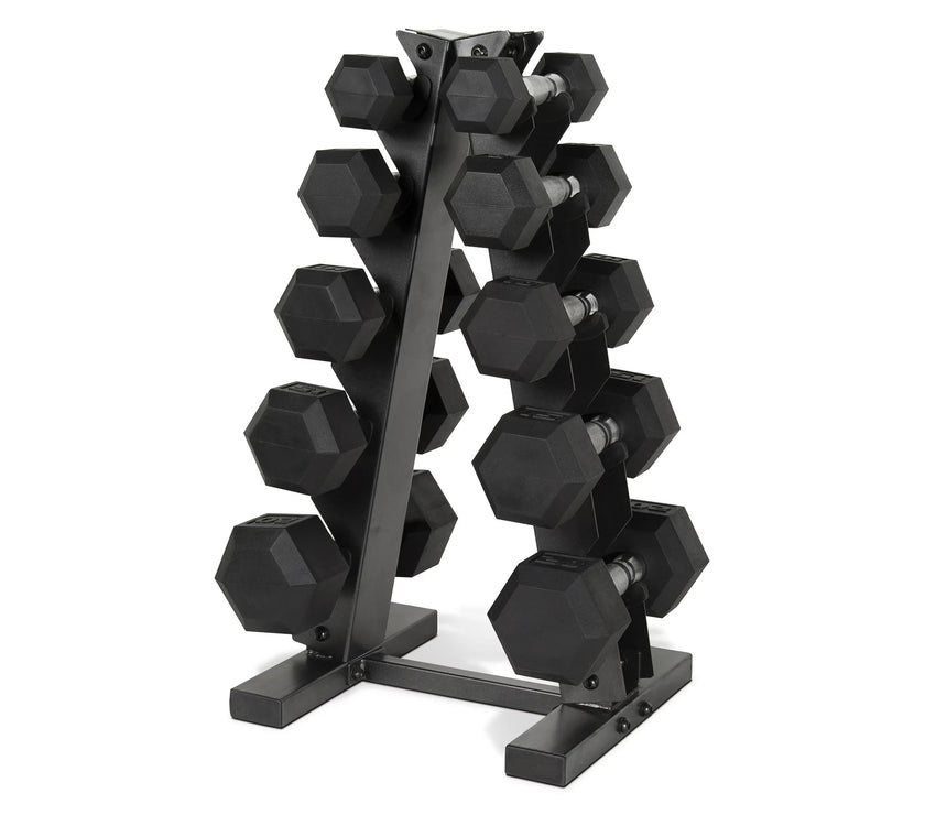 150 Lb. Coated Hex Dumbbell Weight Set, 5-25 Lb. with White Rack