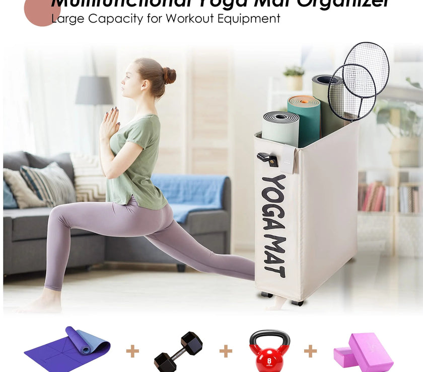 Yoga Mat Storage Rack, 22’’ Large Yoga Mat Holder Accessories, Home Gym Equipment Storage Yoga Mats, Workout Equipment Organization with Wheels, White