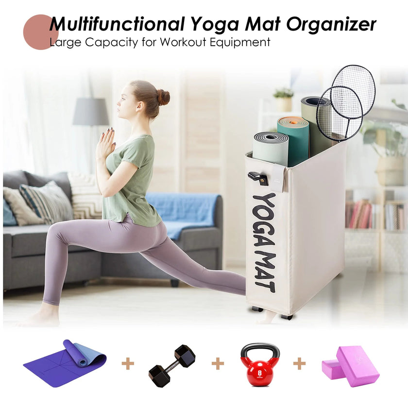 Yoga Mat Storage Rack, 22’’ Large Yoga Mat Holder Accessories, Home Gym Equipment Storage Yoga Mats, Workout Equipment Organization with Wheels, White