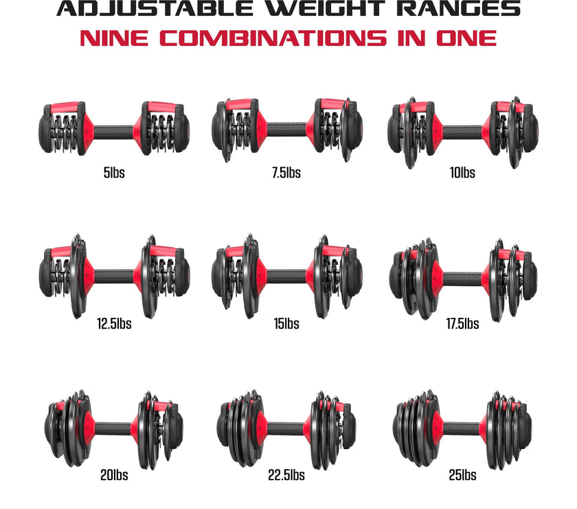 Smartbell 2-Pack, Two 25Lbs. Quick-Select 9 in 1 Adjustable Dumbbell for Home Gym, 5-25Lbs. Weight in 2.5Lbs Increments