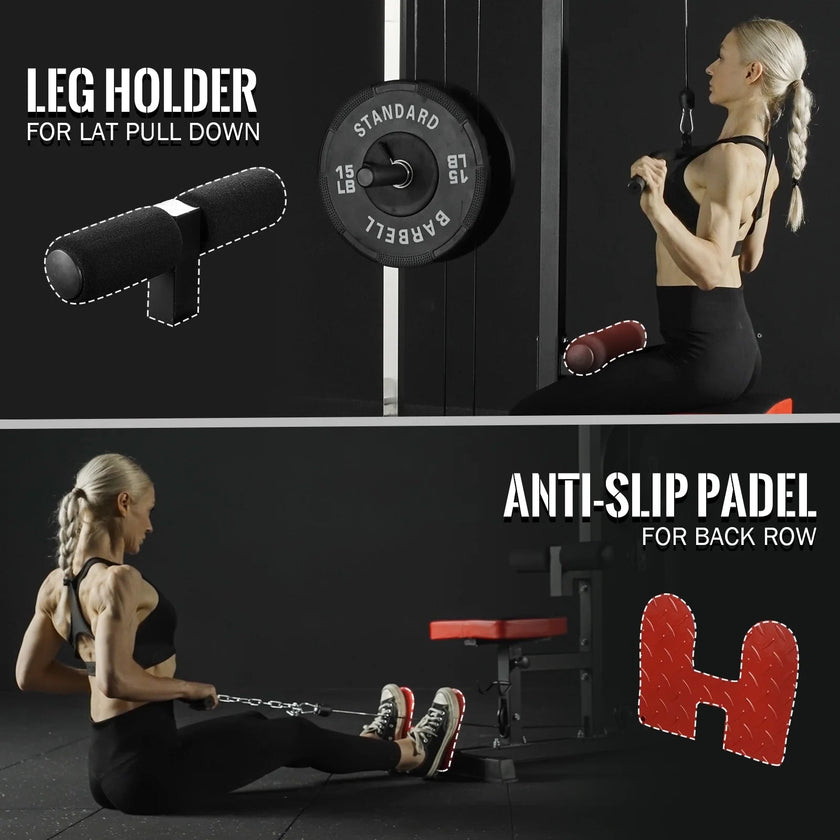 LAT Pull-Down and LAT Row Cable Machine with Flip-Up Footplate and Plates Storage Posts