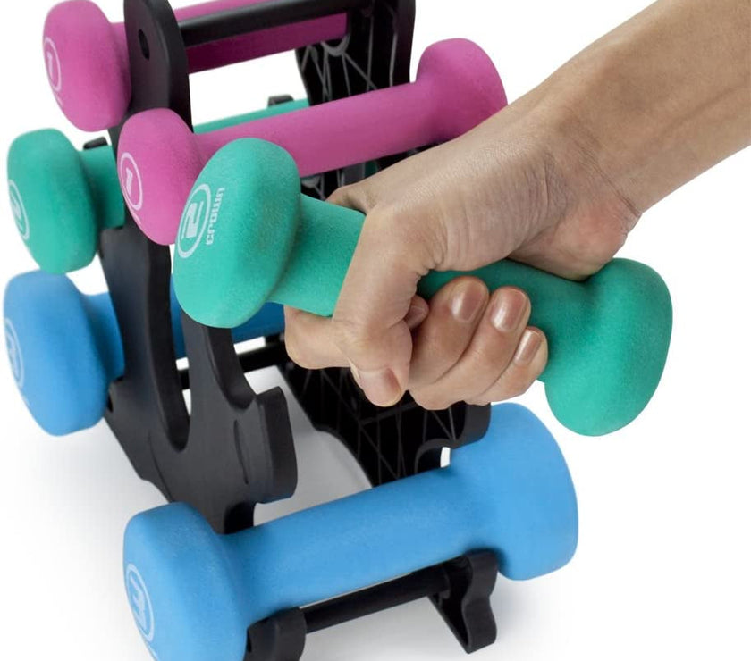 Set of 3 Pairs of Neoprene Body Sculpting Hand Weights with Stand