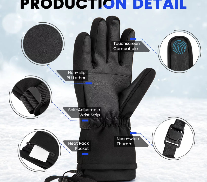 Ski Gloves, Touchscreen Snowboard Gloves with Pocket, Waterproof Snow Gloves for Cold Weather, Winter Gloves Warm for Men & Women, Suitable for Driving/Cycling/Running/Hiking(Black)