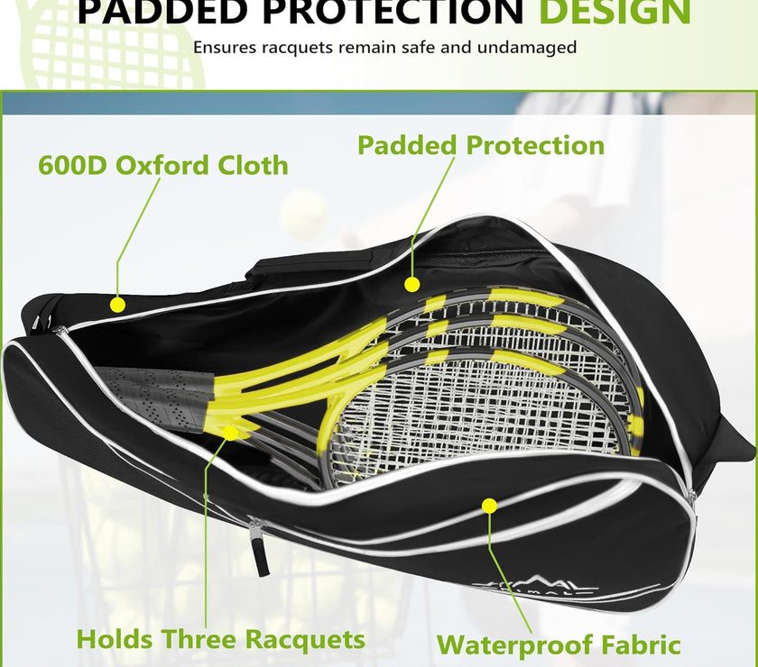 3 Racquet Tennis-Bag Premium Tennis-Racket-Bag with Protective Pad, Professional or Beginner Tennis Players, Lightweight Tennis Bag for All Ages