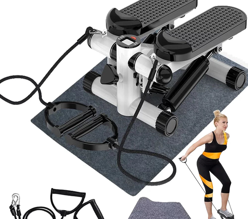 Mini Stepper with LCD, Stepper Stair Exercise Equipment with Resistance Bands& Calories Count,Steppers for Full Body Workout, Black