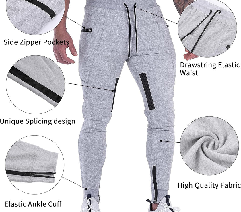 Mens Joggers Pants Tapered Sweatpants Casual Gym Training Workout Pants Slim Track Pant with Zipper Pockets