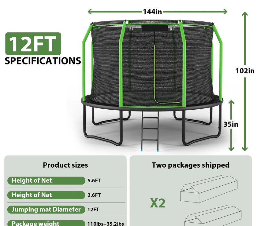 Trampoline with Net Enclosure, 660LBS-12FT Outdoor Heavy Duty Trampoline with Ladder for Kids Adults Family