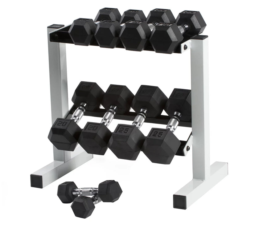 150 Lb. Coated Hex Dumbbell Weight Set, 5-25 Lb. with White Rack