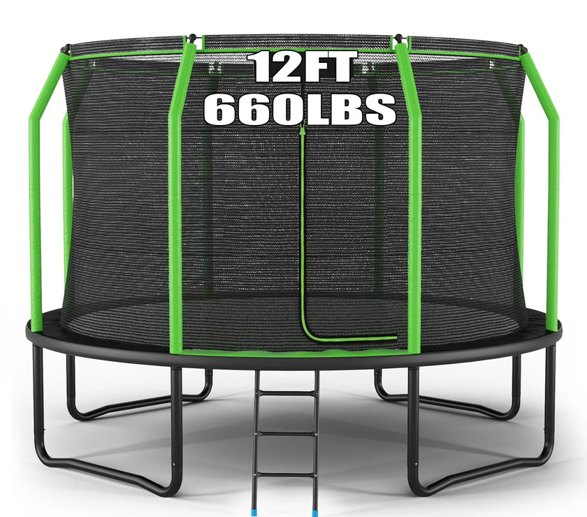 Trampoline with Net Enclosure, 660LBS-12FT Outdoor Heavy Duty Trampoline with Ladder for Kids Adults Family