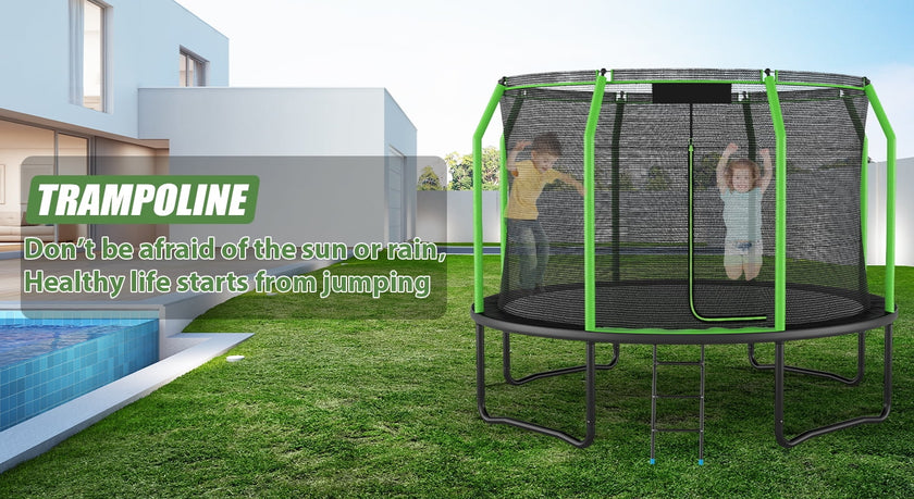 Trampoline with Net Enclosure, 660LBS-12FT Outdoor Heavy Duty Trampoline with Ladder for Kids Adults Family