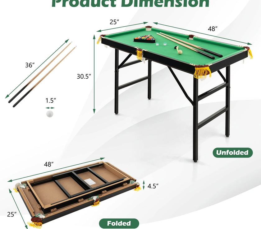 47" Folding Billiard Table Pool Game Table Indoor Kids W/ Cues Brush Chalk Green