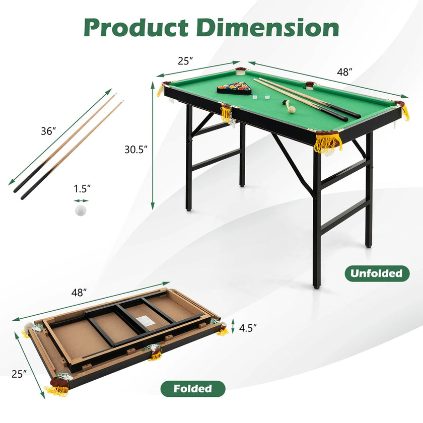 47" Folding Billiard Table Pool Game Table Indoor Kids W/ Cues Brush Chalk Green