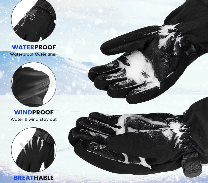 Ski Gloves, Touchscreen Snowboard Gloves with Pocket, Waterproof Snow Gloves for Cold Weather, Winter Gloves Warm for Men & Women, Suitable for Driving/Cycling/Running/Hiking(Black)