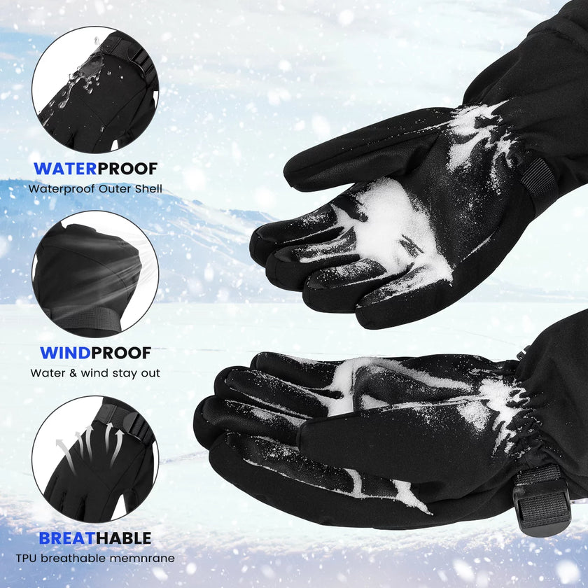 Ski Gloves, Touchscreen Snowboard Gloves with Pocket, Waterproof Snow Gloves for Cold Weather, Winter Gloves Warm for Men & Women, Suitable for Driving/Cycling/Running/Hiking(Black)