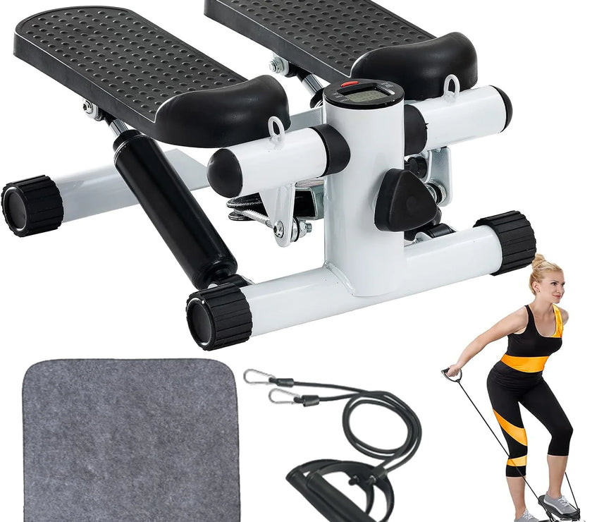 Mini Stepper with LCD, Stepper Stair Exercise Equipment with Resistance Bands& Calories Count,Steppers for Full Body Workout, Black