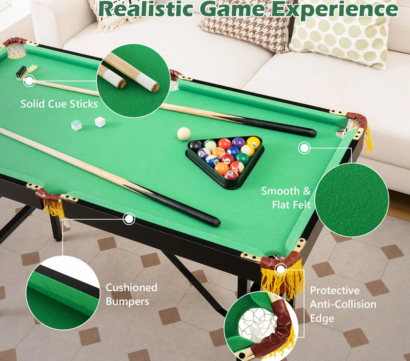 47" Folding Billiard Table Pool Game Table Indoor Kids W/ Cues Brush Chalk Green