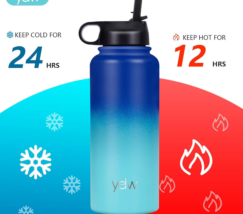 Stainless Steel Double Wall Water Bottle, Sweat-Proof Vacuum Insulated Bottle with Straw Lid (18Oz, 22Oz, 32Oz), BPA Free to Keep Beverages Cold for 24 Hrs or Hot for 12 Hrs