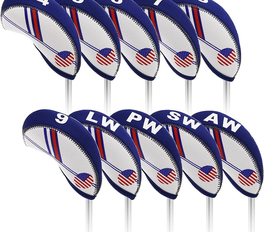 Golf Iron Head Covers 10Pcs Neoprene USA Flag Golf Club Protector Multi Color Golf Club Protector (Blue)