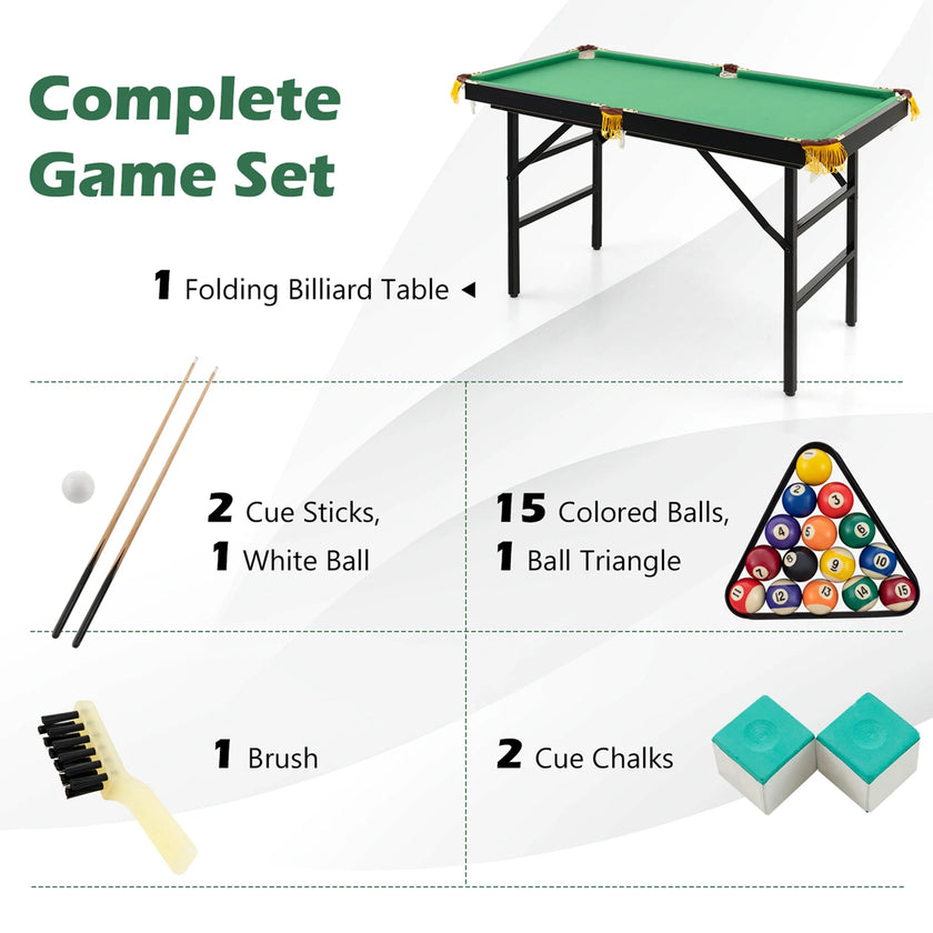 47" Folding Billiard Table Pool Game Table Indoor Kids W/ Cues Brush Chalk Green