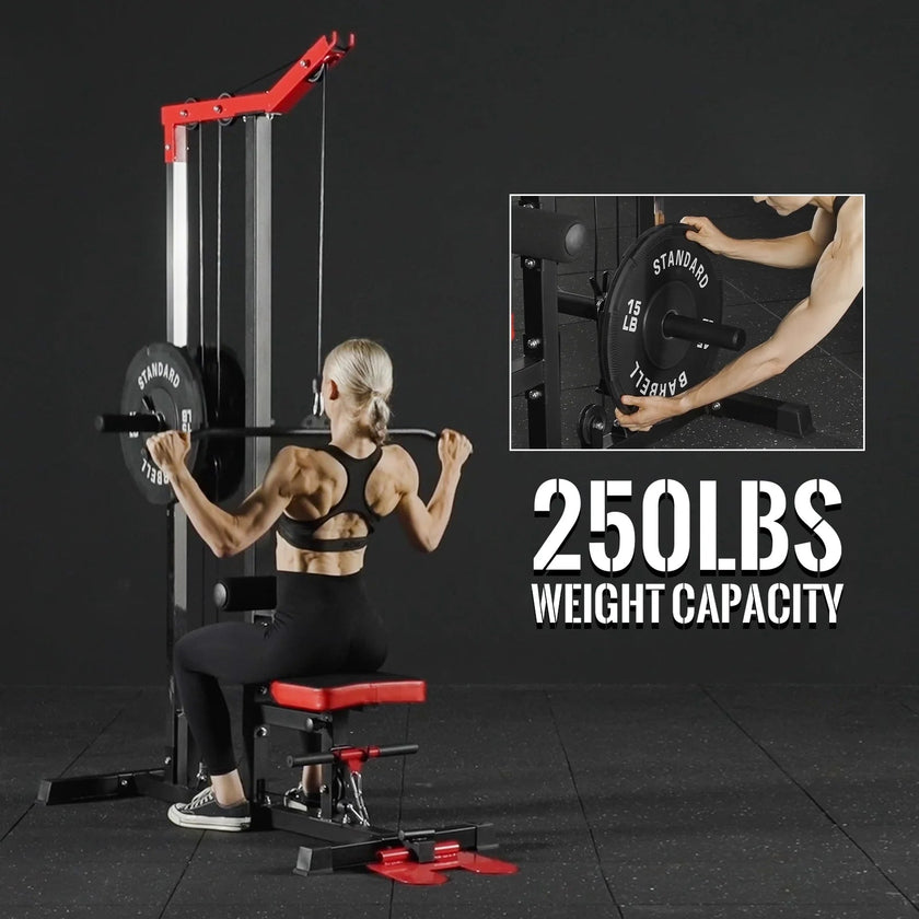 LAT Pull-Down and LAT Row Cable Machine with Flip-Up Footplate and Plates Storage Posts