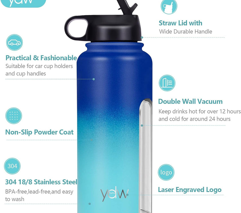 Stainless Steel Double Wall Water Bottle, Sweat-Proof Vacuum Insulated Bottle with Straw Lid (18Oz, 22Oz, 32Oz), BPA Free to Keep Beverages Cold for 24 Hrs or Hot for 12 Hrs